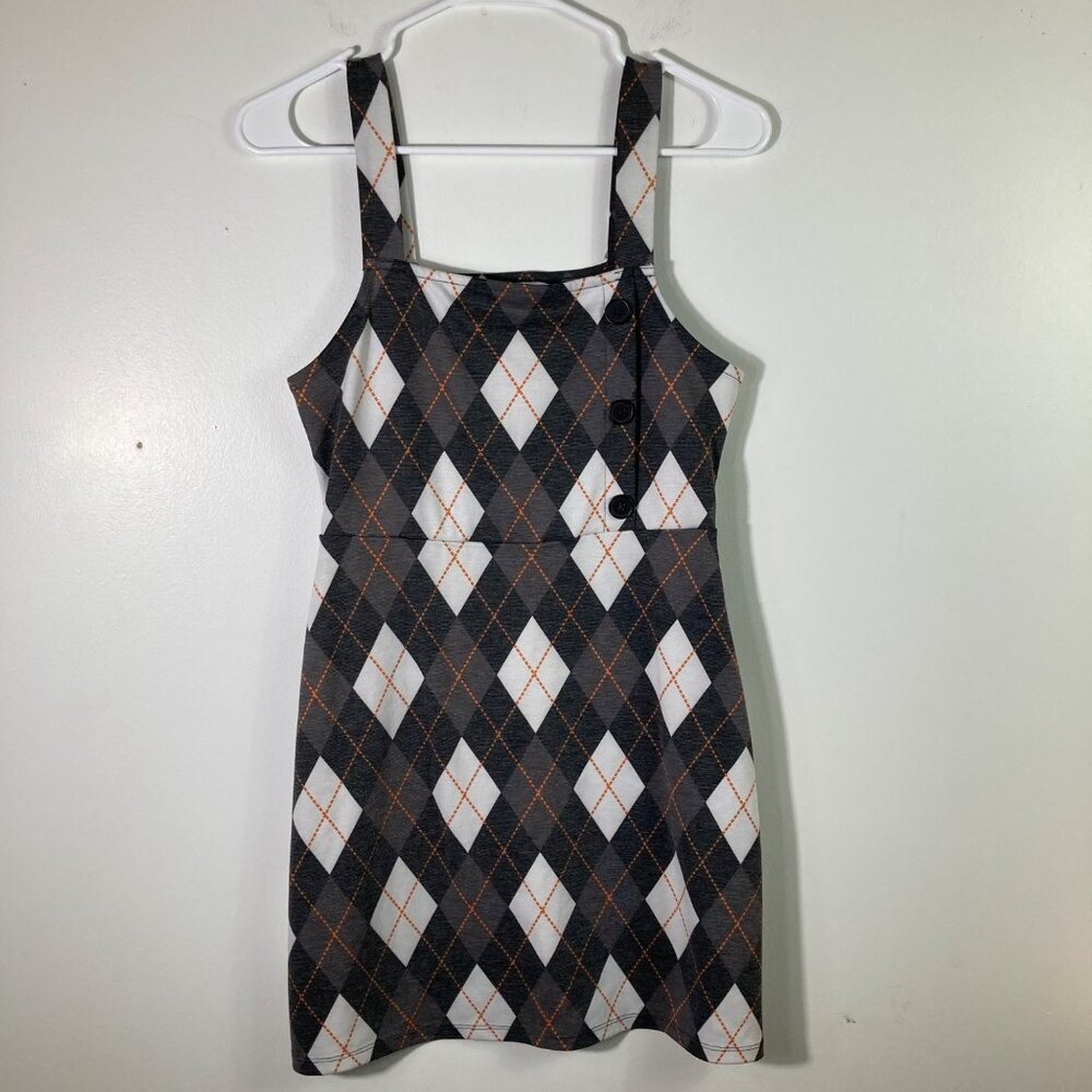 Womens Arizona Jean Co Argyle Overall‎ Dress Gray White Orange S